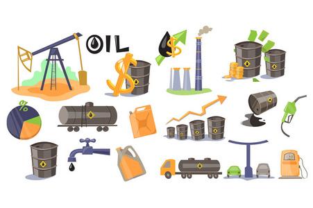 萃取工业石油工业集,萃取,炼油,生产,销售油,油产品矢量插图白色背景